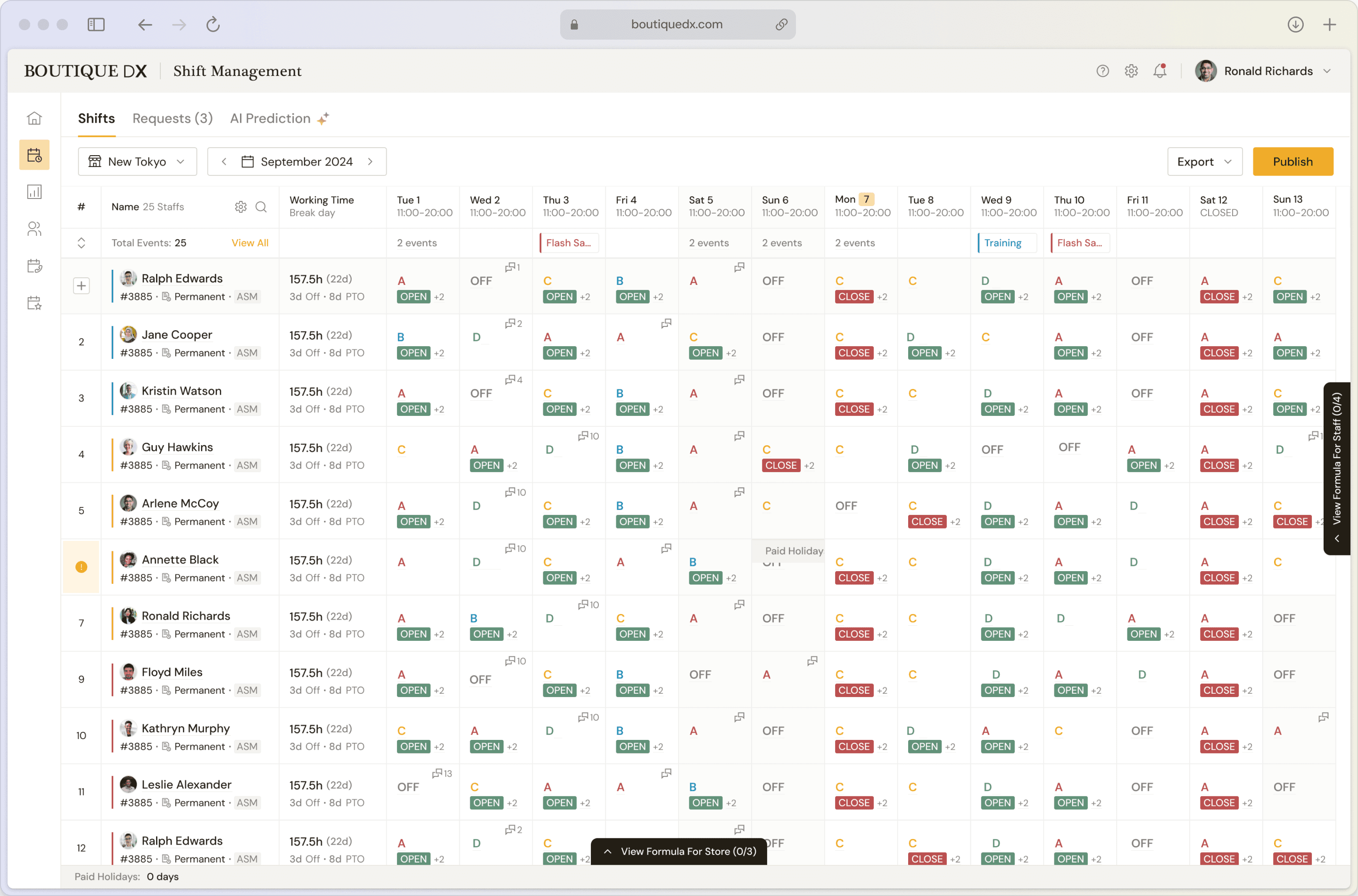 Boutique DX shift management — a month of store shifts with AI-generated assignments, open and close markers, and staff requests